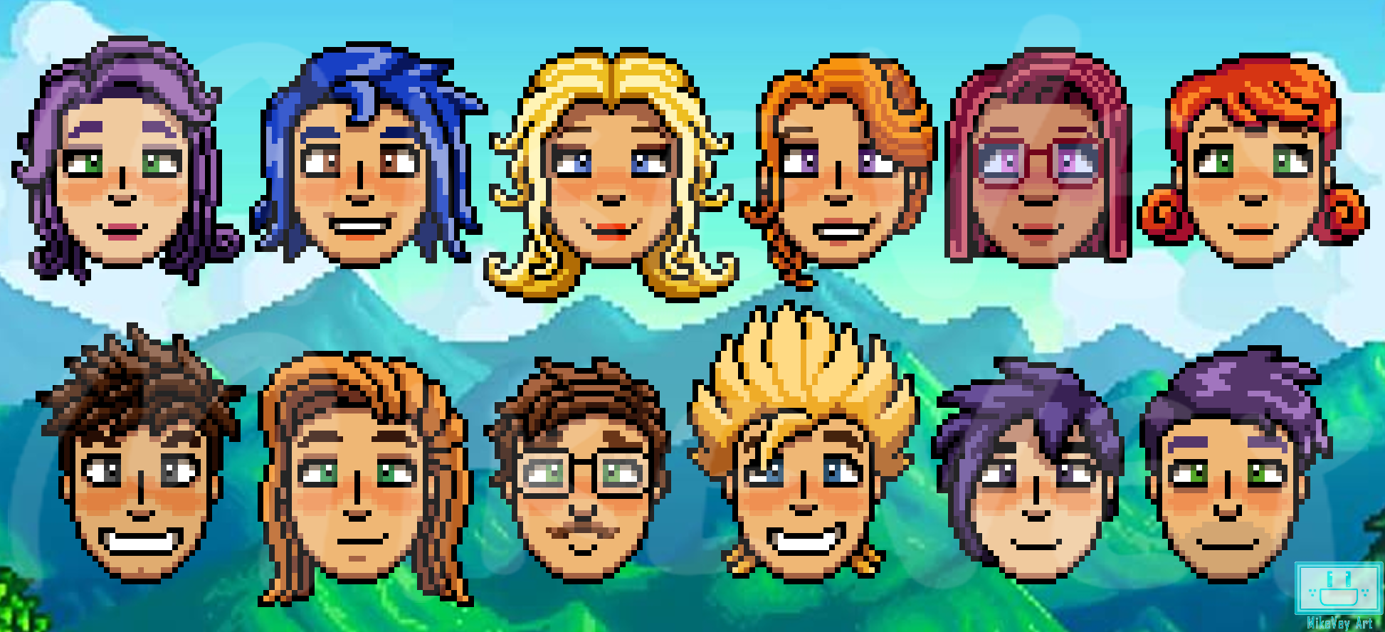 headshots of all of the stardew valley bachelors and bachelorettes drawn in pixel art